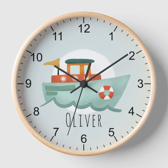 Horloge Garçons Bleu Cute Bleu Nautique Océan Bateau Baby  (Recto)