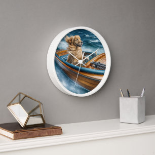Horloge Golden Retriever conduisant un bateau en bois Vint
