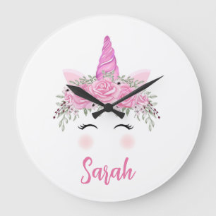 Horloge grande licorne personnalisée avec nom rose