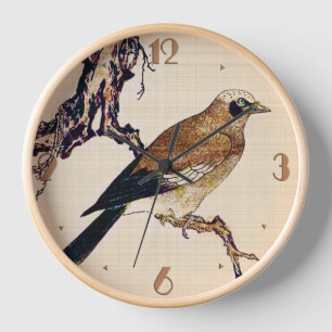 Horloge Gravure sur bois japonaise d'un pinson, marron et