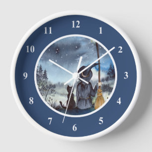 Horloge Halloween Chat noir et la Sorcière étoile nuit