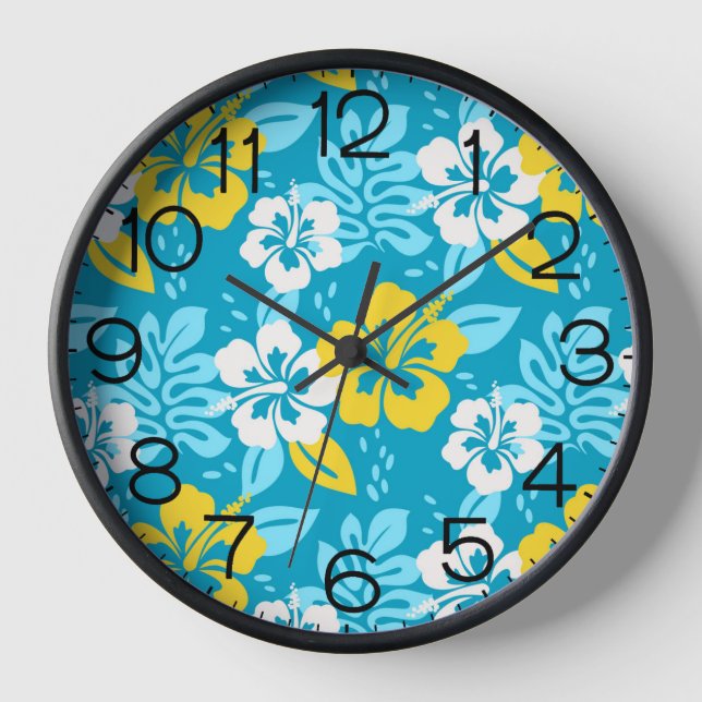 Horloge Hibiscus hawaïen bleu motif floral (Recto)