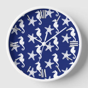 Horloge Hippocampe & étoile de mer - bleu marine et blanc