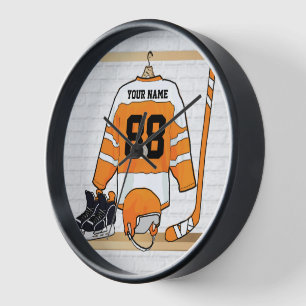 Horloge Hockey sur glace orange et blanc personnalisé