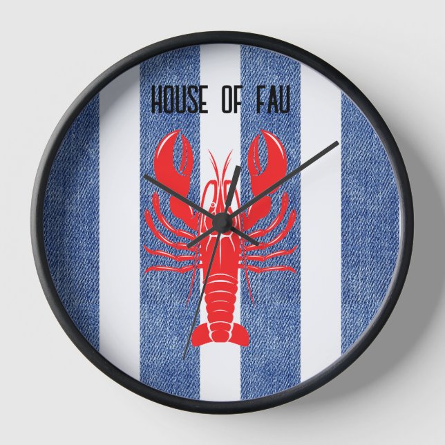 Horloge Homard rouge sur Bleu & Blanc Dénim Grilles Horlog (Recto)