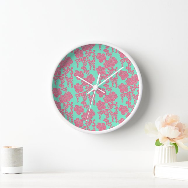 Horloge Impression florale japonaise - rose et Turquoise h (Maison)