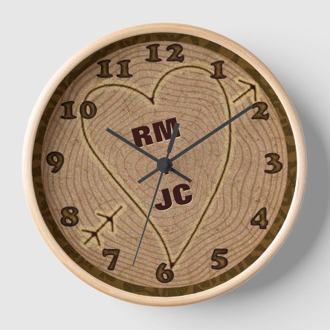 Horloge Initiales sculptées du coeur Bagues d'arbre en boi (Recto)