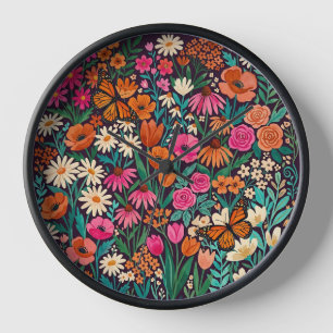 Horloge Jardin de fleurs sauvages abstraites Papillons Art