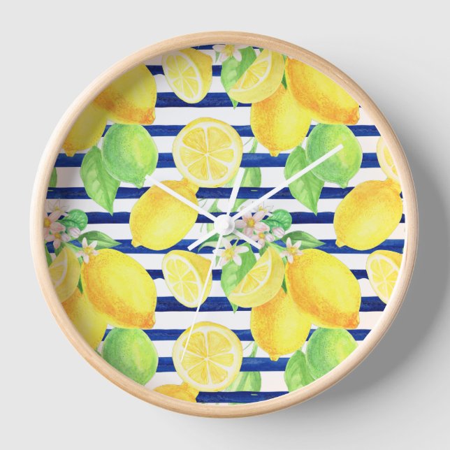 Horloge Joli citrons aquarelle sur bandes bleues (Recto)