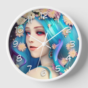 Horloge Jolie Fille Éthérée avec des Fleurs  