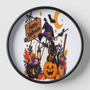 Horloge Joyeux Halloween Fantôme & Citrouille Chat Noir