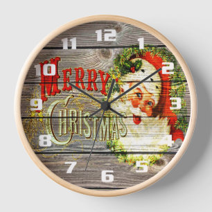 Horloge Joyeux Noël vintage & Père Noël sur vieux bois rus