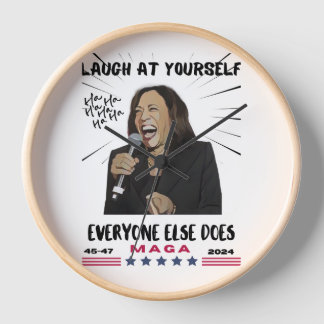 Horloge Kamala Harris, Cadre en bois naturel rond 