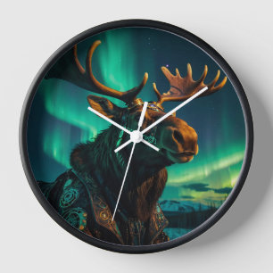 Horloge L'hiver Aurora et Steampunk Moose Wildlife Art