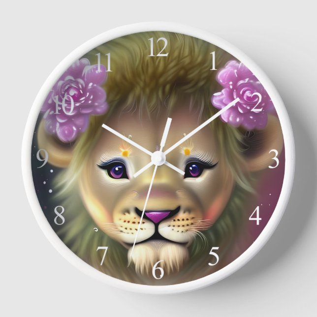 Horloge Lion mignon bébé avec fleurs roses Graphique (Recto)