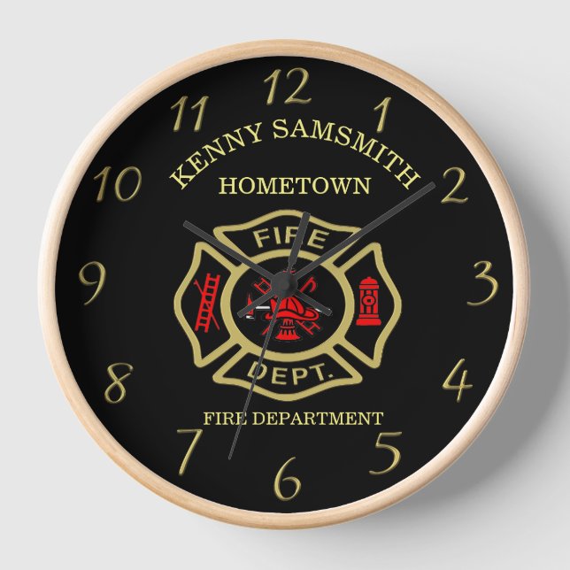 Horloge Logo du service d'incendie Badge noir et or (Recto)