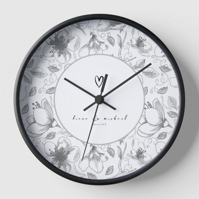 Horloge Love Calligraphy Floral avec noms Bordure noir ID9 (Recto)