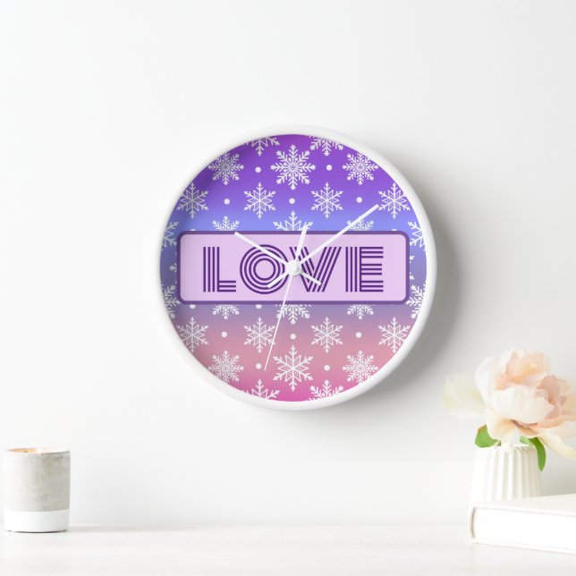 Horloge LOVE Typographie Snowflakes violet (Maison)