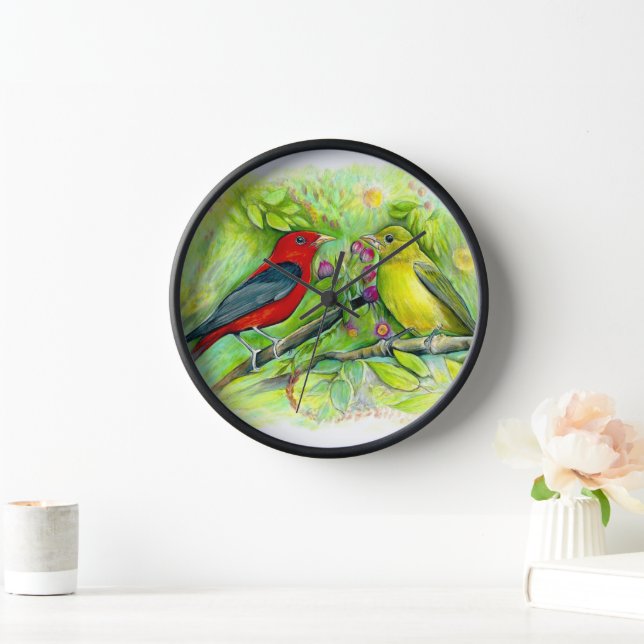 Horloge Magnifique Scarlet Tanagers Aquarelle Art (Maison)