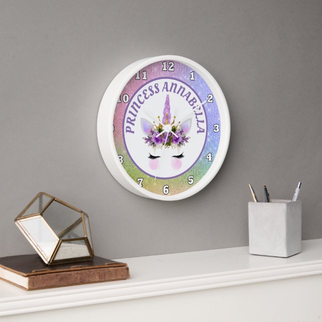 Horloge mignonne princesse licorne ajouter nom décoration  (Bureau)
