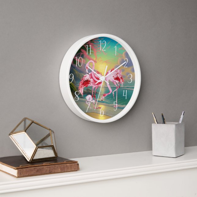 Horloge mignonne rose flamand amoureux plage maison (Bureau)