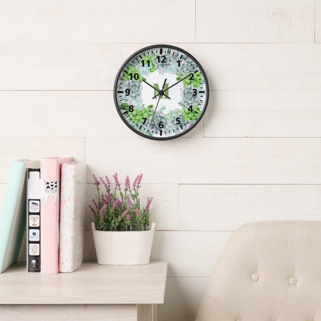 Horloge Monogramme Floral Succulent Vert Moderne M (Salle de lecture)