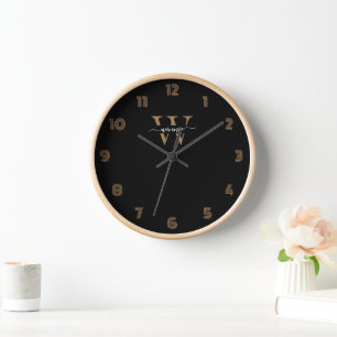 Horloge Monogramme minimal Élégant Noir Nom du script