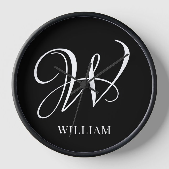 Horloge Monogramme noir élégant personnalisé initial (Recto)
