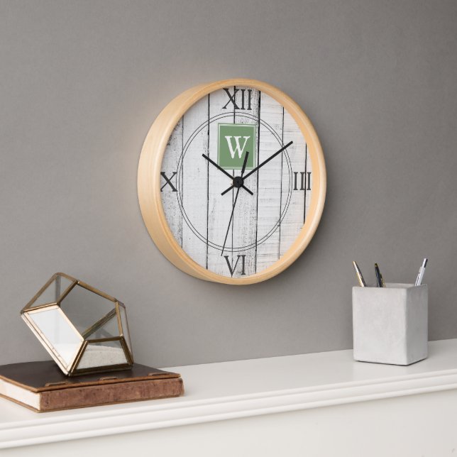 Horloge Monogramme rustique vert (Bureau)