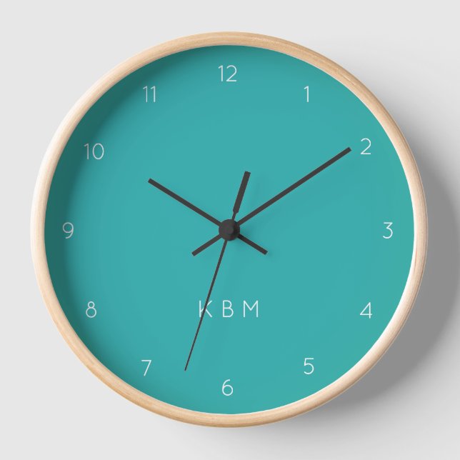 Horloge Monogramme turquoise | Turquoise moderne bleu cyan (Recto)