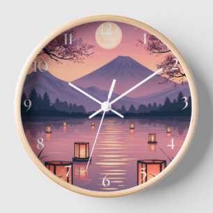 Horloge Mont Fuji éclairé par la lune, cerisiers en fleurs