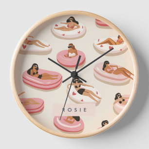Horloge Motif flottant de piscine d'été personnalisé Monog