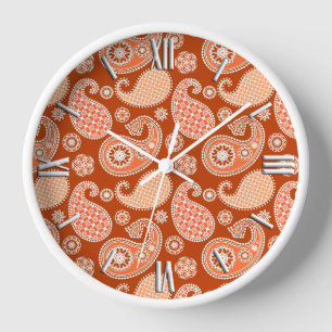 Horloge Motif Paisley, orange mandarine et blanc