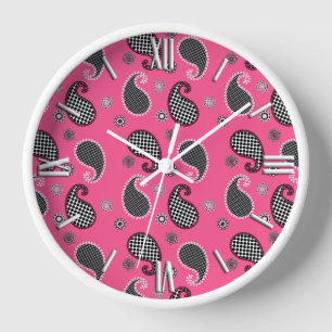 Horloge Motif Paisley, rose fushia, noir et blanc