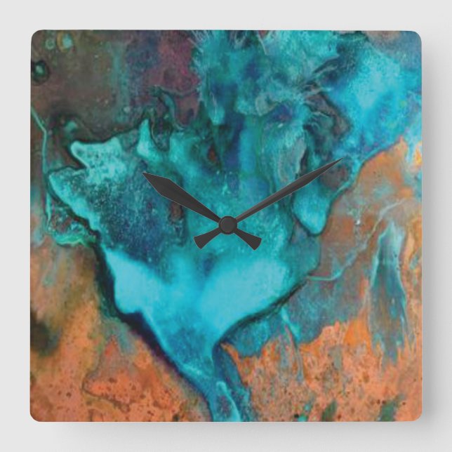 Horloge Mur Carré Turquoise Et Cuivre (Recto)