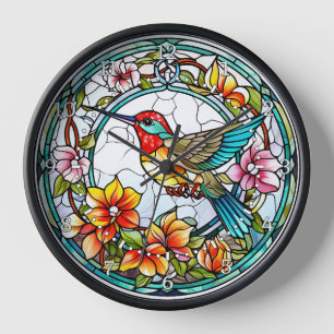 Horloge Mur en style de vitrail représentant un colibri