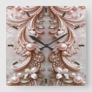 Horloge murale à perle et fleurs ornée rose