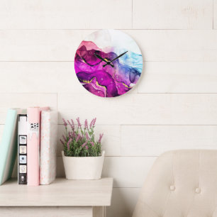 Horloge murale aquarelle moderne rose violet or