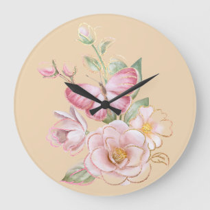 Horloge murale avec papillon et fleurs roses