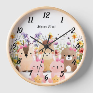 Horloge murale Bébés Animaux Mignons et Fleurs des