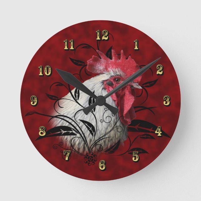 Horloge murale blanche rouge de cuisine de coq (Recto)