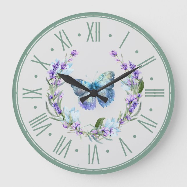 Horloge murale Bleue Papillon et Lavande (Recto)