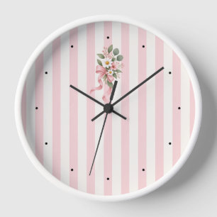 Horloge murale botanique florale rayée rose