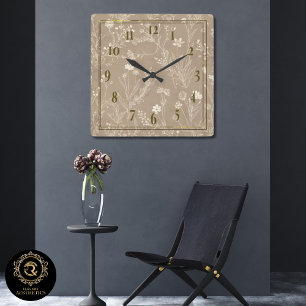 Horloge murale botanique marron taupe élégante