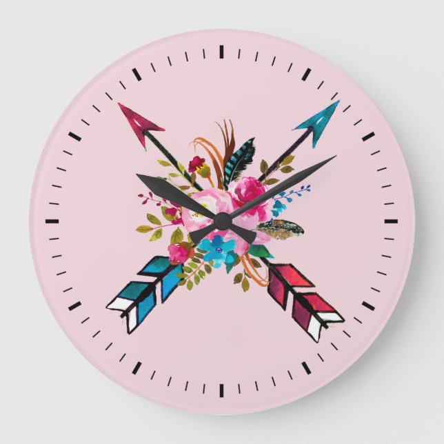 Horloge murale Bouquet Flèches et Plumes Rose Bohè (Recto)