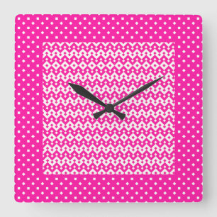 Horloge murale carré, Bonbons Pink Zigzags, Pois