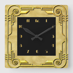 Horloge murale Carré de style Art déco or et noir