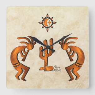 Horloge murale Carré de trois Kokopelli Sud-Ouest