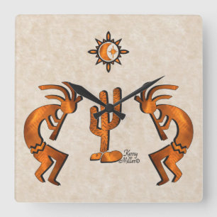 Horloge murale Carré de trois Kokopelli Sud-Ouest
