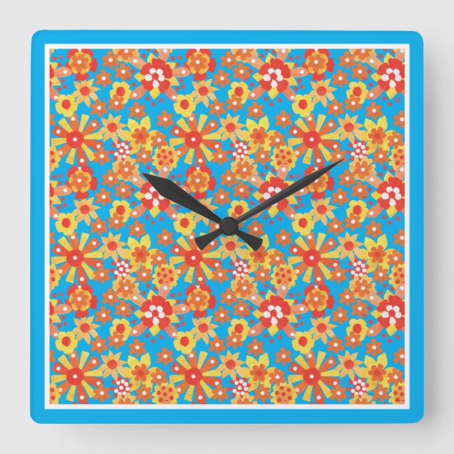 Horloge murale carré, Fleurs orange, Bordure bleue (Recto)